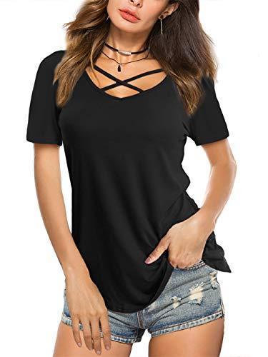 Amoretu Womens Casual V Neck Short Sleeve Criss Cross Summer T-Shirt Blouse Tops