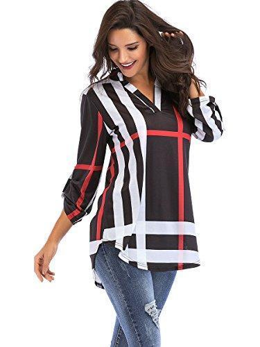 St. Jubileens Women Roll-Up 3/4 Sleeve Plaid Shirt Tunic V Neck Casual Pullover Blouses Tops