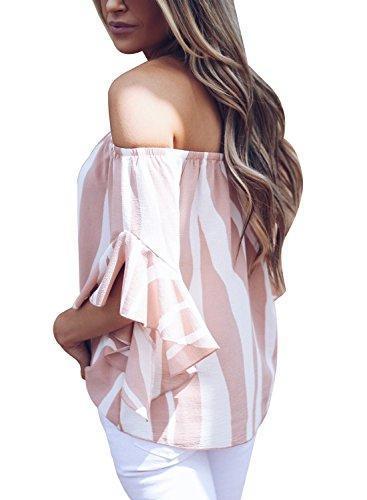 Asvivid Women's Striped Off Shoulder Bell Sleeve Shirt Tie Knot Casual Blouses Tops