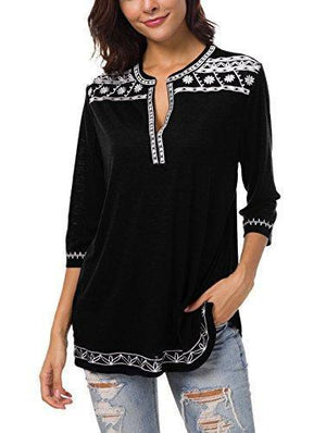 Women's 3/4 Sleeve Boho Shirts Embroidered Peasant Top