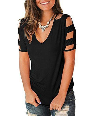 Jescakoo Women's Short Sleeve Cut Out Cold Shoulder Tops Deep V Neck T Shirts
