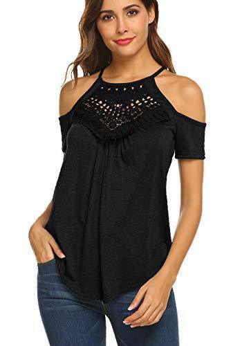 BLUETIME Women's Casual Short Sleeve Flowy Lace Cold Shoulder Summer Tops Blouses Basic Tee Shirt