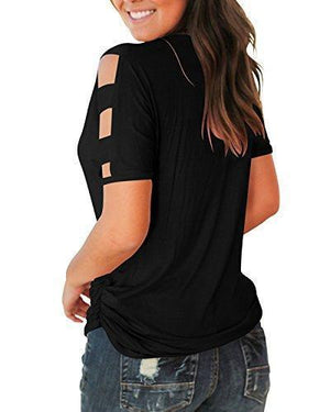 Jescakoo Women's Short Sleeve Cut Out Cold Shoulder Tops Deep V Neck T Shirts