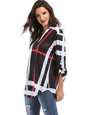 St. Jubileens Women Roll-Up 3/4 Sleeve Plaid Shirt Tunic V Neck Casual Pullover Blouses Tops