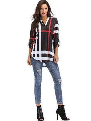 St. Jubileens Women Roll-Up 3/4 Sleeve Plaid Shirt Tunic V Neck Casual Pullover Blouses Tops