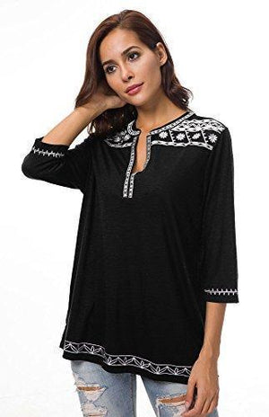 Women's 3/4 Sleeve Boho Shirts Embroidered Peasant Top