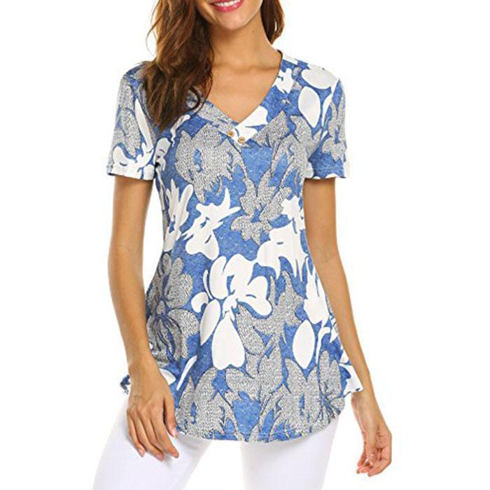 Sweetnight Women Floral Print V Neck Button Decor Peasant Summer Swing Tunic Tops Shirts