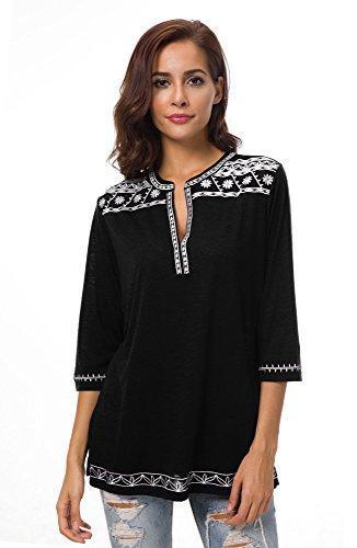 Women's 3/4 Sleeve Boho Shirts Embroidered Peasant Top