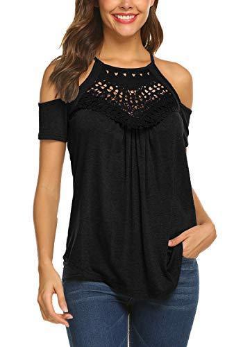BLUETIME Women's Casual Short Sleeve Flowy Lace Cold Shoulder Summer Tops Blouses Basic Tee Shirt