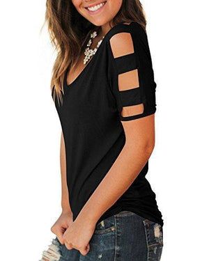 Jescakoo Women's Short Sleeve Cut Out Cold Shoulder Tops Deep V Neck T Shirts