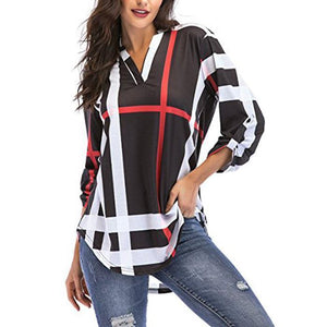 St. Jubileens Women Roll-Up 3/4 Sleeve Plaid Shirt Tunic V Neck Casual Pullover Blouses Tops