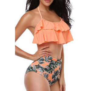 Heat Move Women Retro Flounce High Waisted Bikini Halter Neck Two Piece Swimsuit