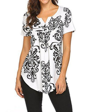 Women's Paisley Printed Long Sleeve Henley V Neck Pleated Casual Flare Tunic Blouse Shirt