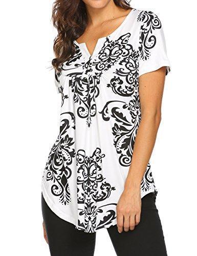 Women's Paisley Printed Long Sleeve Henley V Neck Pleated Casual Flare Tunic Blouse Shirt