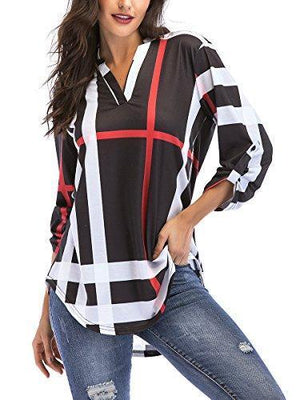 St. Jubileens Women Roll-Up 3/4 Sleeve Plaid Shirt Tunic V Neck Casual Pullover Blouses Tops