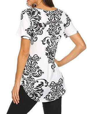 Women's Paisley Printed Long Sleeve Henley V Neck Pleated Casual Flare Tunic Blouse Shirt