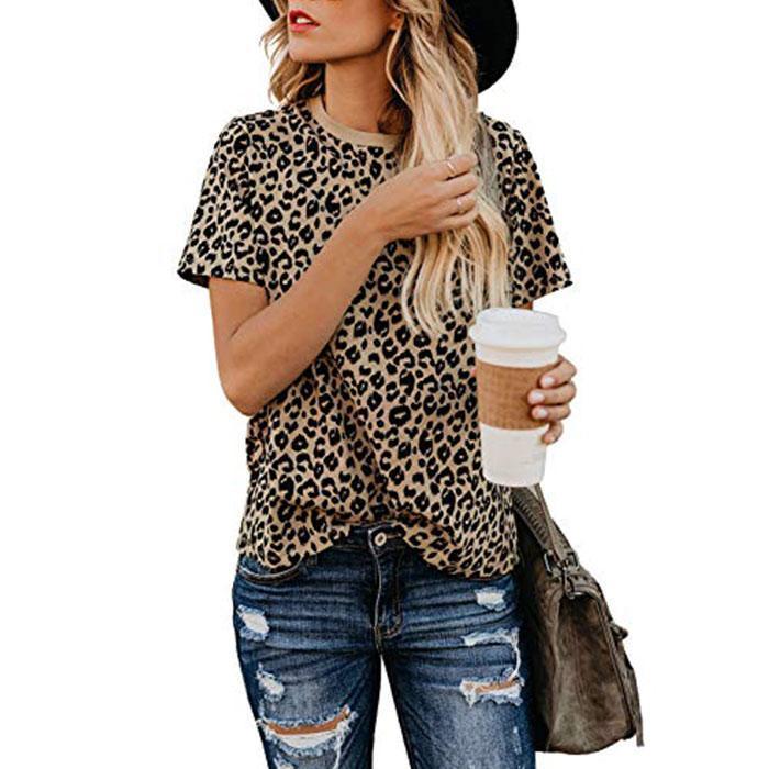Blooming Jelly Womens Leopard Print Tops Short Sleeve Round Neck Casual T Shirts Tees