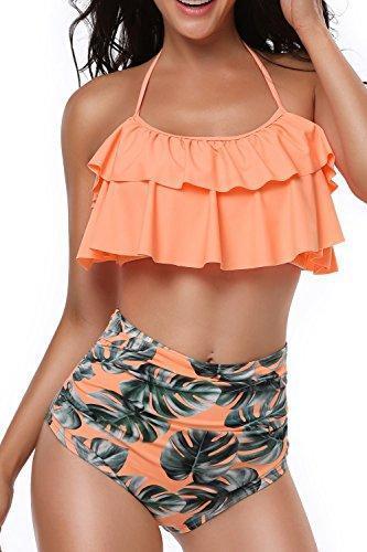 Heat Move Women Retro Flounce High Waisted Bikini Halter Neck Two Piece Swimsuit