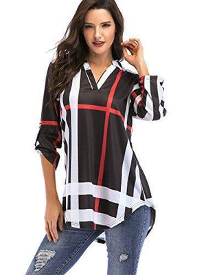 St. Jubileens Women Roll-Up 3/4 Sleeve Plaid Shirt Tunic V Neck Casual Pullover Blouses Tops