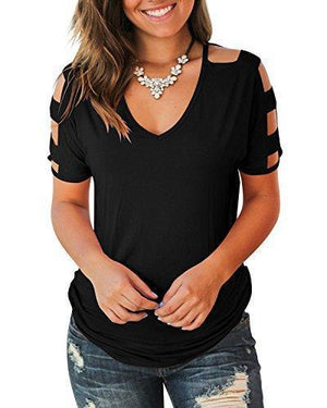 Jescakoo Women's Short Sleeve Cut Out Cold Shoulder Tops Deep V Neck T Shirts
