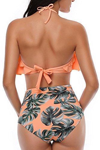 Heat Move Women Retro Flounce High Waisted Bikini Halter Neck Two Piece Swimsuit