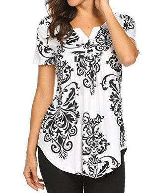 Women's Paisley Printed Long Sleeve Henley V Neck Pleated Casual Flare Tunic Blouse Shirt