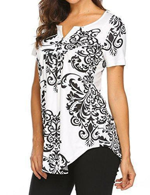 Women's Paisley Printed Long Sleeve Henley V Neck Pleated Casual Flare Tunic Blouse Shirt