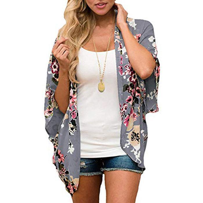 Women Floral Kimono Cardigan Chiffon Casual Loose Open Front Cover Up Tops (27 Colors)