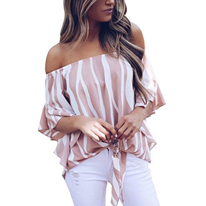 Asvivid Women's Striped Off Shoulder Bell Sleeve Shirt Tie Knot Casual Blouses Tops